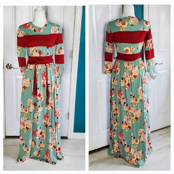 Reb & J Maxi Dress Vintage Floral Aqua  Green Red Elastic Waist NWOT Medium - Picture 2 of 16